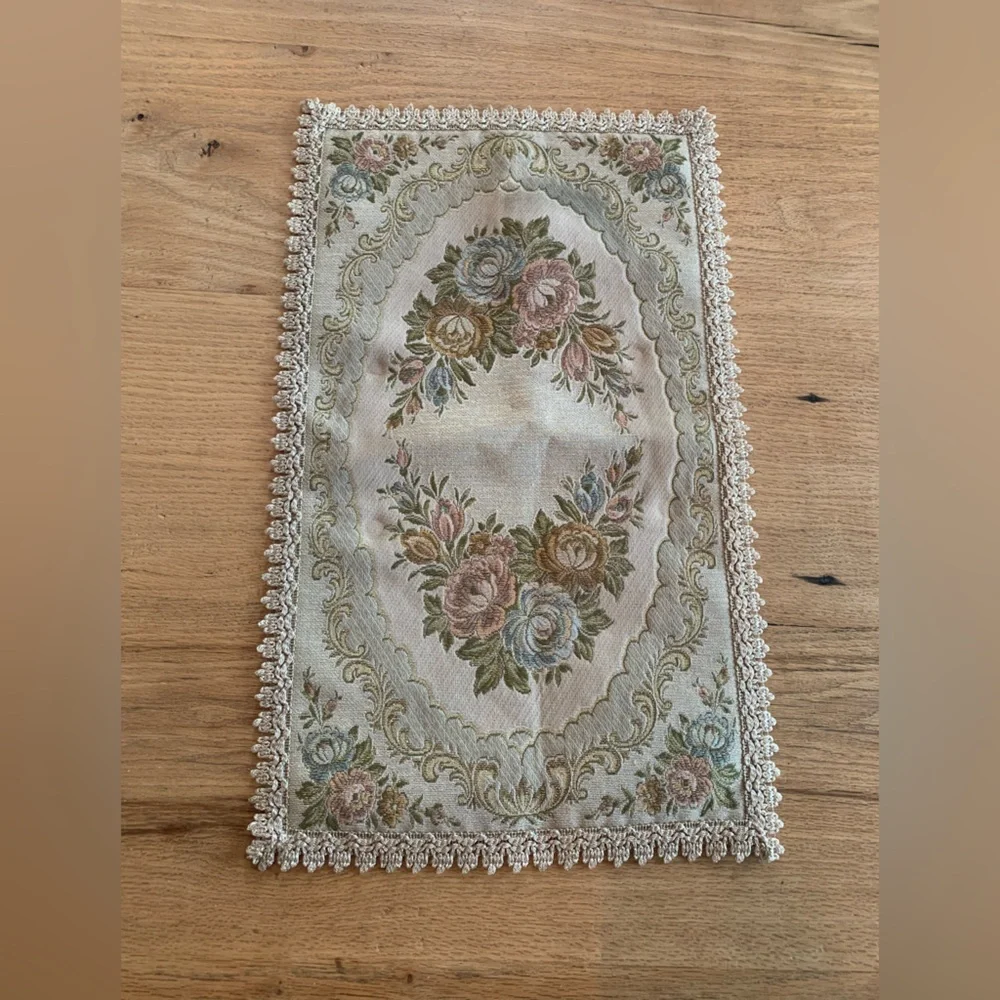Vintage Victorian Embroidered Table Runner Pink Green Ivory Res Backing Lace Pre